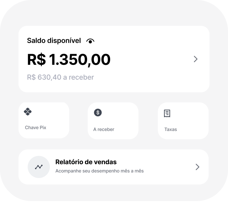 Saldo disponível de R$ 1.350,00 com atalhos de PIX, valores a receber, taxas e relatório de vendas