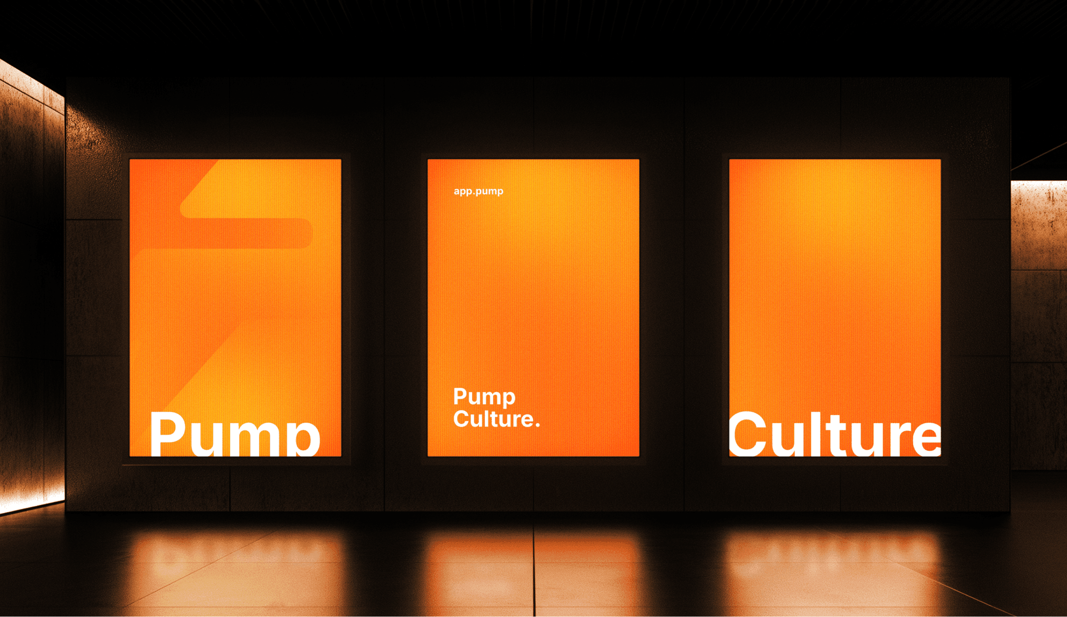 Instalação Pump Culture com pôsteres do aplicativo Pump